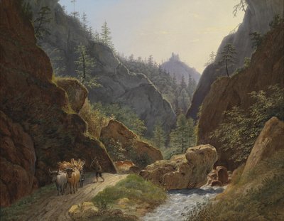 Farmer with an Ox Team near Schottwien with a View of the Ruins of Klamm by Matthias Rudolf Toma